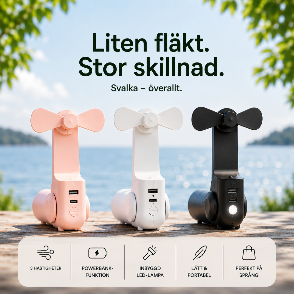 Fläkt - minifläkt, powerbank och ficklampa i ett